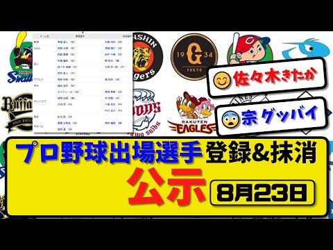 【公示】プロ野球 出場選手登録＆抹消 公示8月23日発表｜阪神石黒 横浜宮城 巨人田中郡立岡 ヤク星 オリ高島宗大里中川 ハム梅林ら抹消|巨人赤星佐々木若林 オリ頓宮太田 ハム齋藤福島ら登録【最新】