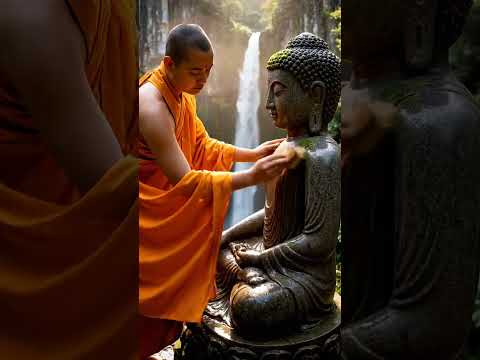 ASMR Monk Cleaning Stone Buddha – Distant Waterfall & Wind Sounds