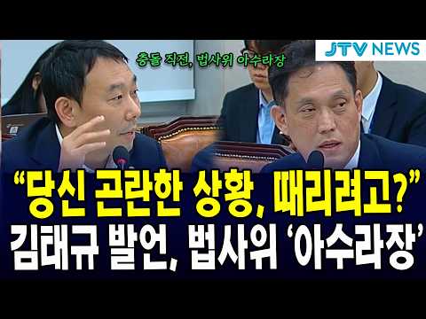 "<strong>당신</strong> 곤란한 상황이야, 때리려고?".. 김태규 발언에 법사위 '아수라장'