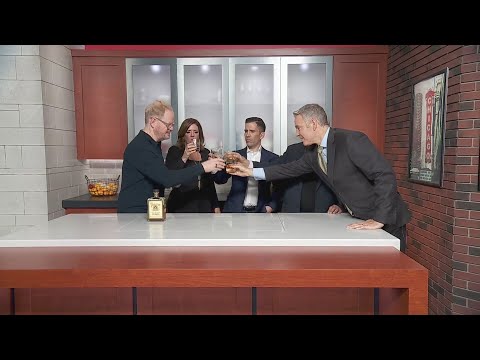 Cheers! Jim Gaffigan serves the WGN Morning News team some of his bourbon