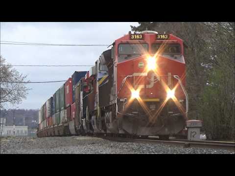 Friendly Crew on a Huge Stack Train CN 120 w/Inspection Car & DPU Rolling thru Downtown Moncton, NB