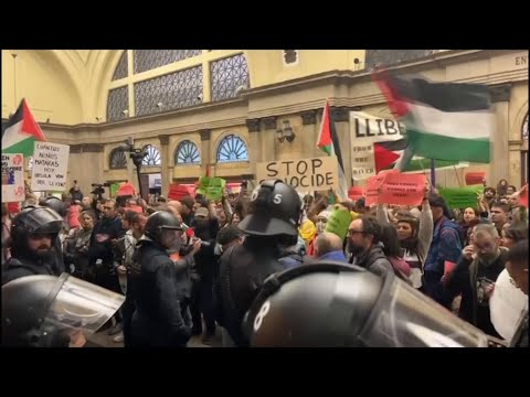 Pro-Palestinian protesters amass at Barcelona train station