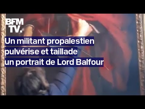 Un militant propalestinien pulvérise et taillade un portrait de Lord Balfour