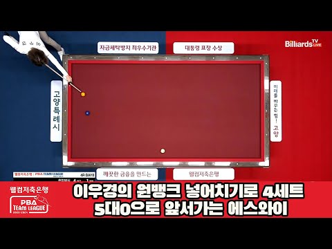 이우경의 원뱅크 넣어치기로 4세트 5대0으로 앞서가는 에스와이[웰컴저축은행 PBA 팀리그 2023-2024] 4라운드