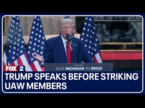 Former President Donald Trump speaks before striking UAW members in Macomb County