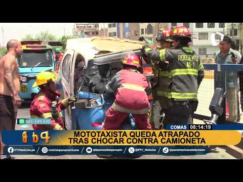 Mototaxista queda atrapado tras chocar contra una camioneta en Comas: “le fallaron los frenos”