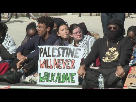 Yale students continue pro-Palestine protest into Monday evening outside library