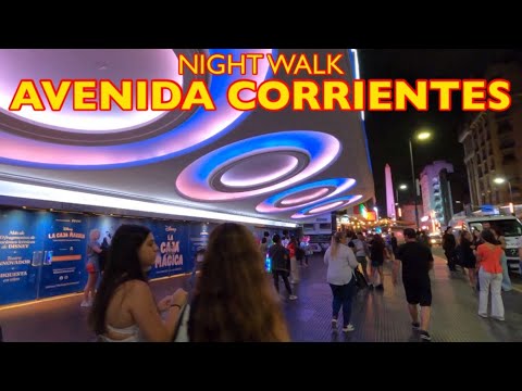 [4K] Buenos Aires Night Walk - Avenida Corrientes de Noche / Paseo La Plaza -  Buenos Aires
