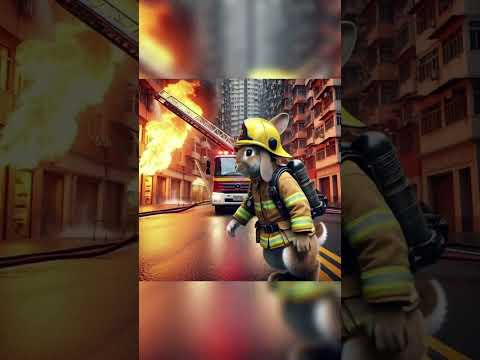 A rabbit in a firefighter uniform stands in front of a fire truck, with flames and dense #lostfox