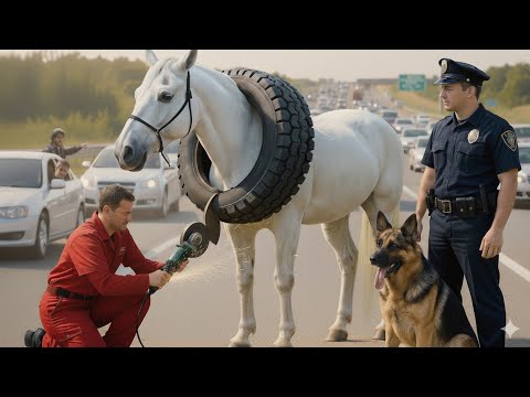Faithful German Shepherd Dog Alerts Police to Save Starving White Horse Trapped in Tire