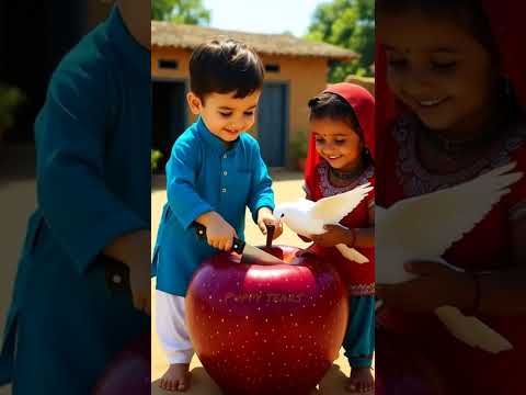 Cute baby brings big apple home and eat it