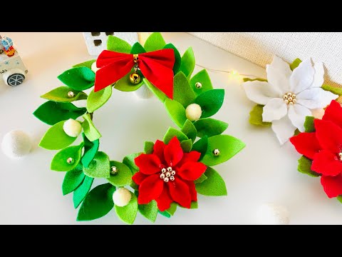 フェルトで作るポインセチアのクリスマスリース/How to make felt Christmas wreath