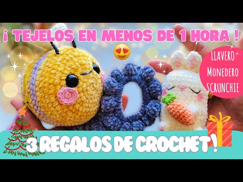🎁 3 REGALOS a crochet RÁPIDO,  FÁCILES Y ÚTILES | Monedero Abeja, scrunchie y llavero a crochet