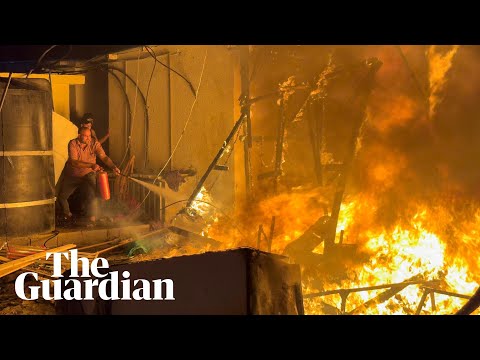 Tents burning after an Israeli airstrike in Gaza as fears of Middle East conflict grow