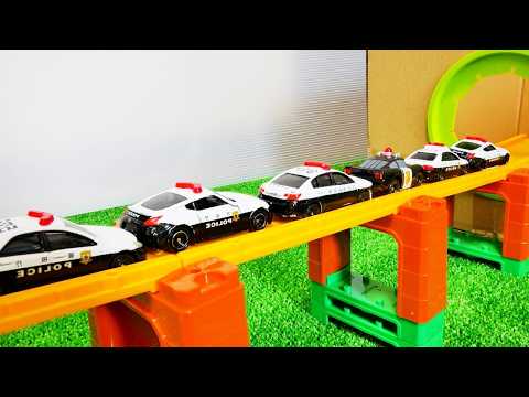トミカ☆パトカーのミニカーがトミカシステムを走って箱にすぽすぽ入る！＆トミカの坂道走行試験 Tomica go down the Tomica System Slope Drive Test