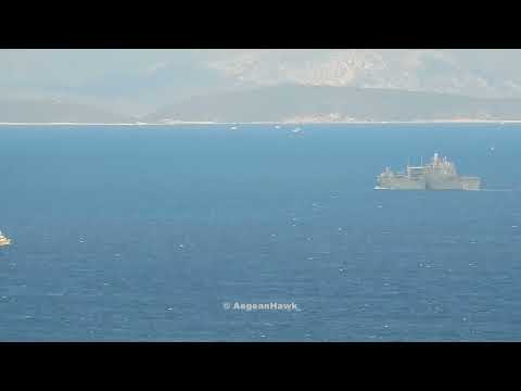 Turkish Navy flotilla northbound Chios Strait while Hellenic Navy HS Stamou monitoring.