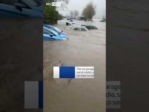Cars submerged at automotive company in Welsh floods
