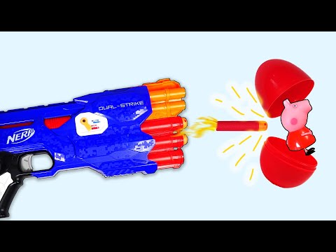 Nerf Dual Strike Shoots at Surprise Eggs with Surprise Toys for Kids