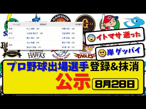 【公示】プロ野球 出場選手登録＆抹消 公示8月28日発表｜阪神伊藤 中日石垣 ロッテ小島 西武野村&岸ら抹消|西武元山&長谷川ら登録【最新・まとめ・反応集・なんJ・2ch】