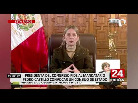Presidenta del Congreso pide a Pedro Castillo convocar urgentemente a un Consejo de Estado