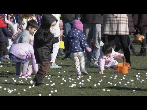 Kids race to collect marshmallows dropped from a helicopter at a suburban Detroit park