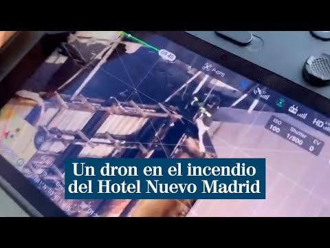 Un dron de la Policía ayuda en la revisión de desperfectos tras el incendio del Hotel Nuevo Madrid