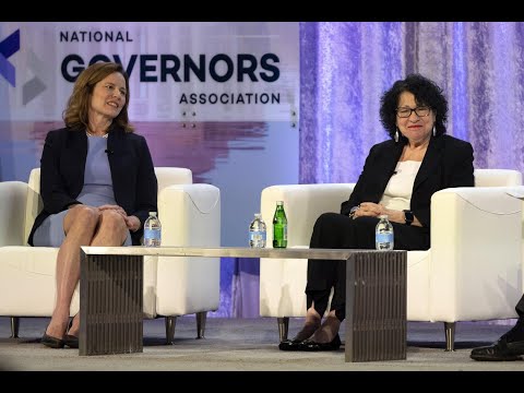 Supreme Court Justices Amy Coney Barrett and Sonia Sotomayor speak with U.S. governors