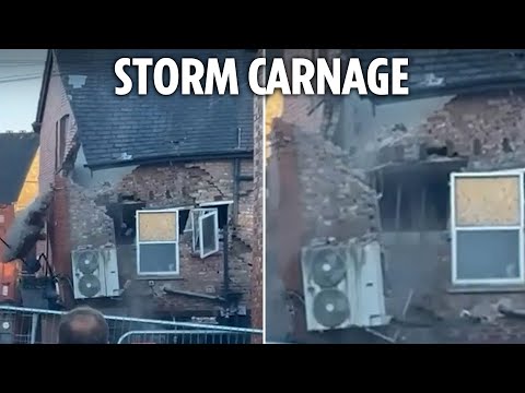 Moment 100-year-old building COLLAPSES in Storm Eowyn gales as debris lands inches from onlookers