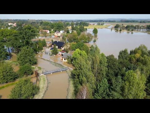 Aerials show extent of flooding near town close to Czech Republic's border with Poland