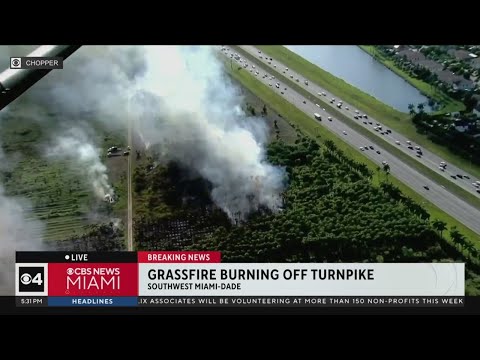 Grass fire burning along Turnpike in SW Miami-Dade
