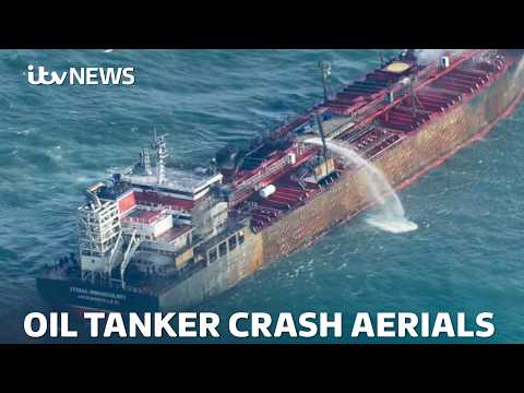 Aerial footage shows extent of damage after North Sea oil tanker and cargo ship collision | ITV News