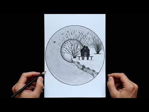 Romantic Silhouette Pencil Drawing Inside a Creative Circle | Easy Shading Art