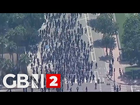 LA Protests LIVE: Aerial view as Law enforcement FACES OFF with protesters after immigration raids