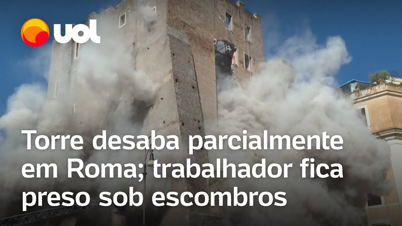 Torre perto do Coliseu desaba parcialmente em Roma e trabalhador fica preso sob escombros vídeo