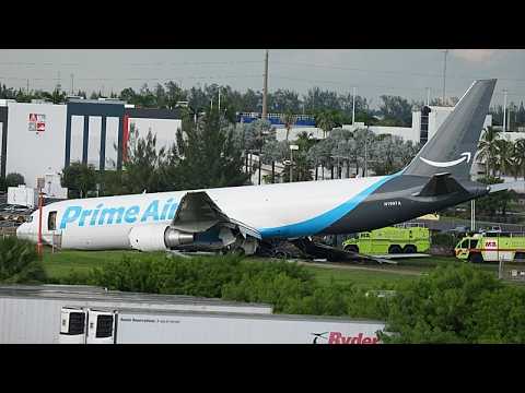 Heavy smoke and flames after Amazon cargo plane overruns runway in Miami