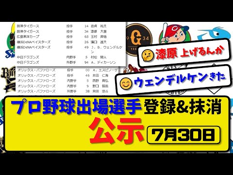 【公示】プロ野球 出場選手登録＆抹消 公示7月30日発表｜阪神岩貞&漆原 横浜ウェンデル 中日村松&ディカ オリ本田&西野&野口&来田 ソフ井上 西武柘植&ガルら登録【最新・まとめ・反応集・なんJ】