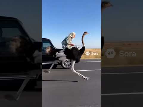 Grandma Overtakes Traffic on an Ostrich