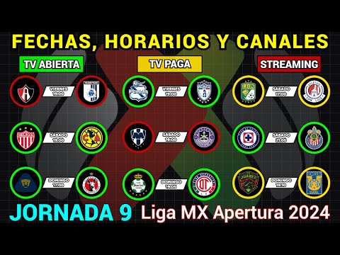 FECHAS, HORARIOS y CANALES CONFIRMADOS para los PARTIDOS de la JORNADA 9 Liga MX APERTURA 2024