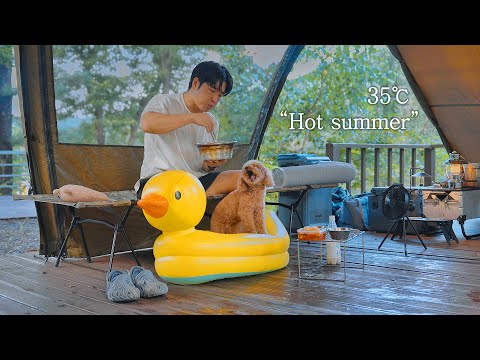 35℃ Solo Camping in Hot Summer with My Dog . Cozy Relaxing in the Tent . Sound of Grass Bug ASMR