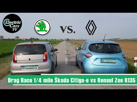 Drag Race Škoda Citigo-e vs Renault Zoe ZE50 R135 1/4 mile - Electric Cars TV