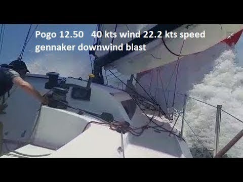 Pogo 12.50  2017 22.2 boatspeed - 40 knots windspeed gennaker downwind - Greece