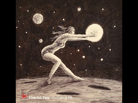 HOW TO DRAW  A WOMAN WITH PLANETS - SURREAL - WITH INK