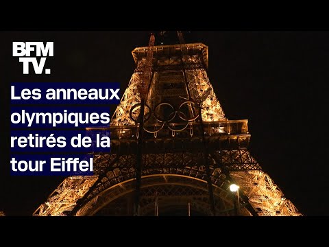 Paris 2024: les images des anneaux olympiques retirés de la tour Eiffel