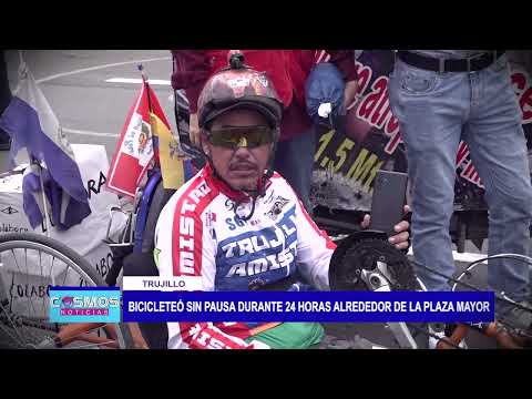 Trujillo: bicicleteó sin pausa durante 24 horas alrededor de la Plaza Mayor