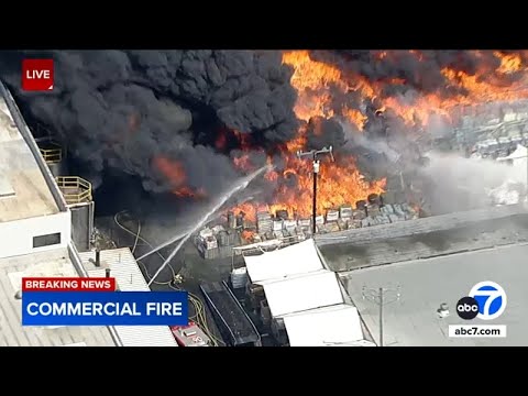 Massive fire rips through pallet yard in Rosemead