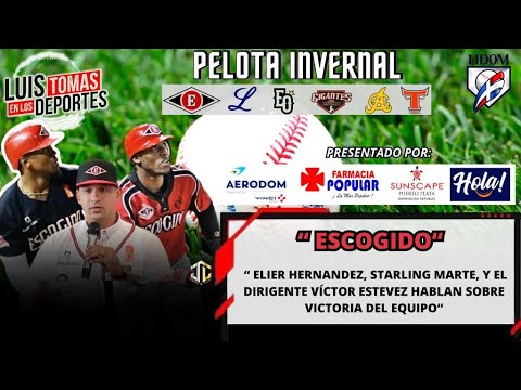 Elier Hernández, Starling Marte  y el dirigente Víctor Estevez hablan sobre victoria de Escogido.