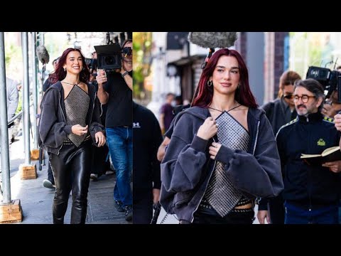 "Dua Lipa" Spotted in a studded top and leather pants while shooting content in NYC #dualipa !