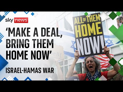 Families of Israeli hostages protest outside hotel where the US Secretary of State is staying