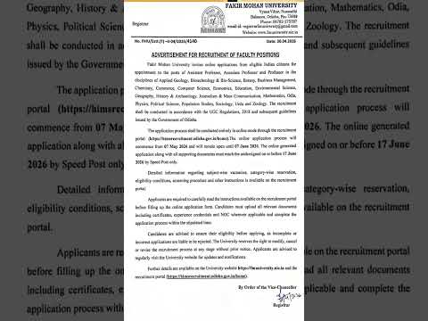 Fakir Mohan University Announces Faculty Recruitment