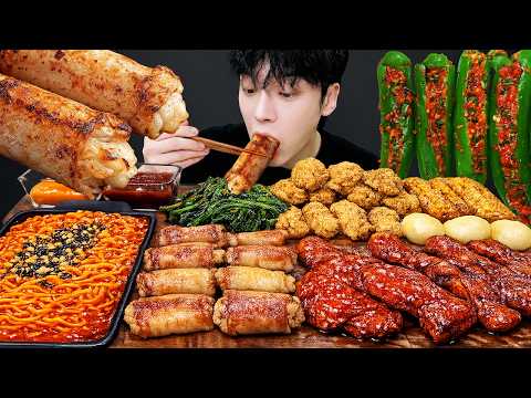 ASMR MUKBANG | 치즈 불닭볶음면 & 대왕 통대창 황금올리브 자메이카치킨 먹방 & 레시피 FIRE NOODLES AND Chicken EATING